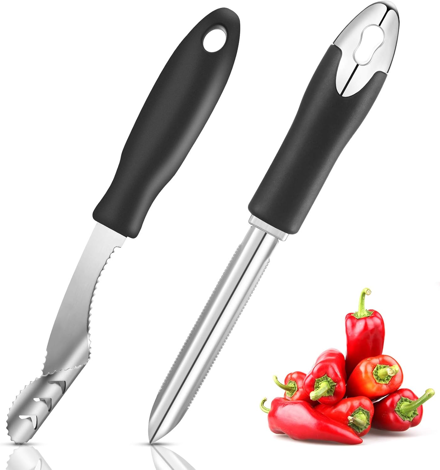 2 Pieces Jalapeno Pepper Corer Zucchini Cucumber Corer Remover with Serrated Slice and Rubber Handle Seed Remover or Slice Off Vegetables Tops for Kitchen