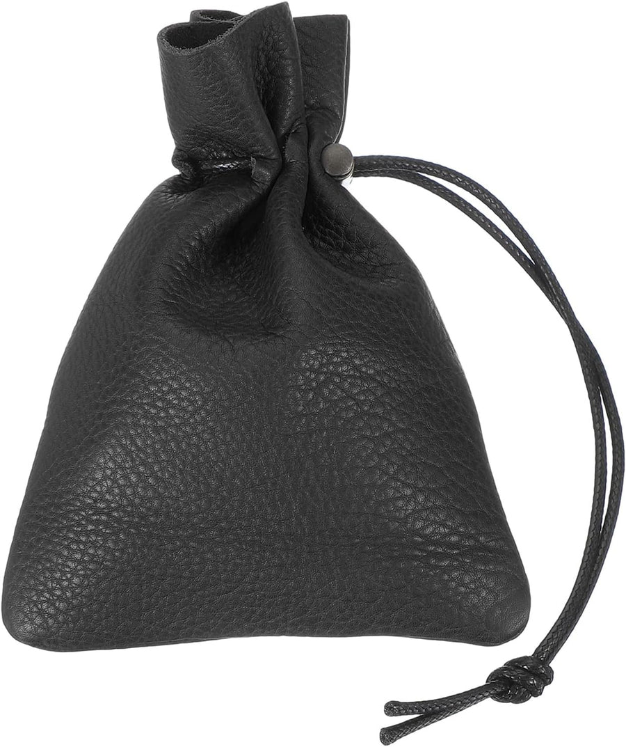 1 Pcs Drawstring Bag, Leather Coin Purse, Change Purse for Women, Men's Leather Bag, for Jewelry, Keys, Coin Storage(Black)