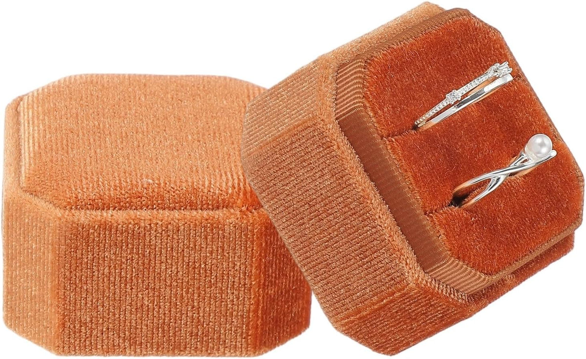 Velvet Ring Box, 2 Slot Square Wedding Ring Display Holder Box Jewelry Ring Gift Case for Wedding Ceremony Proposal Engagement, Orange