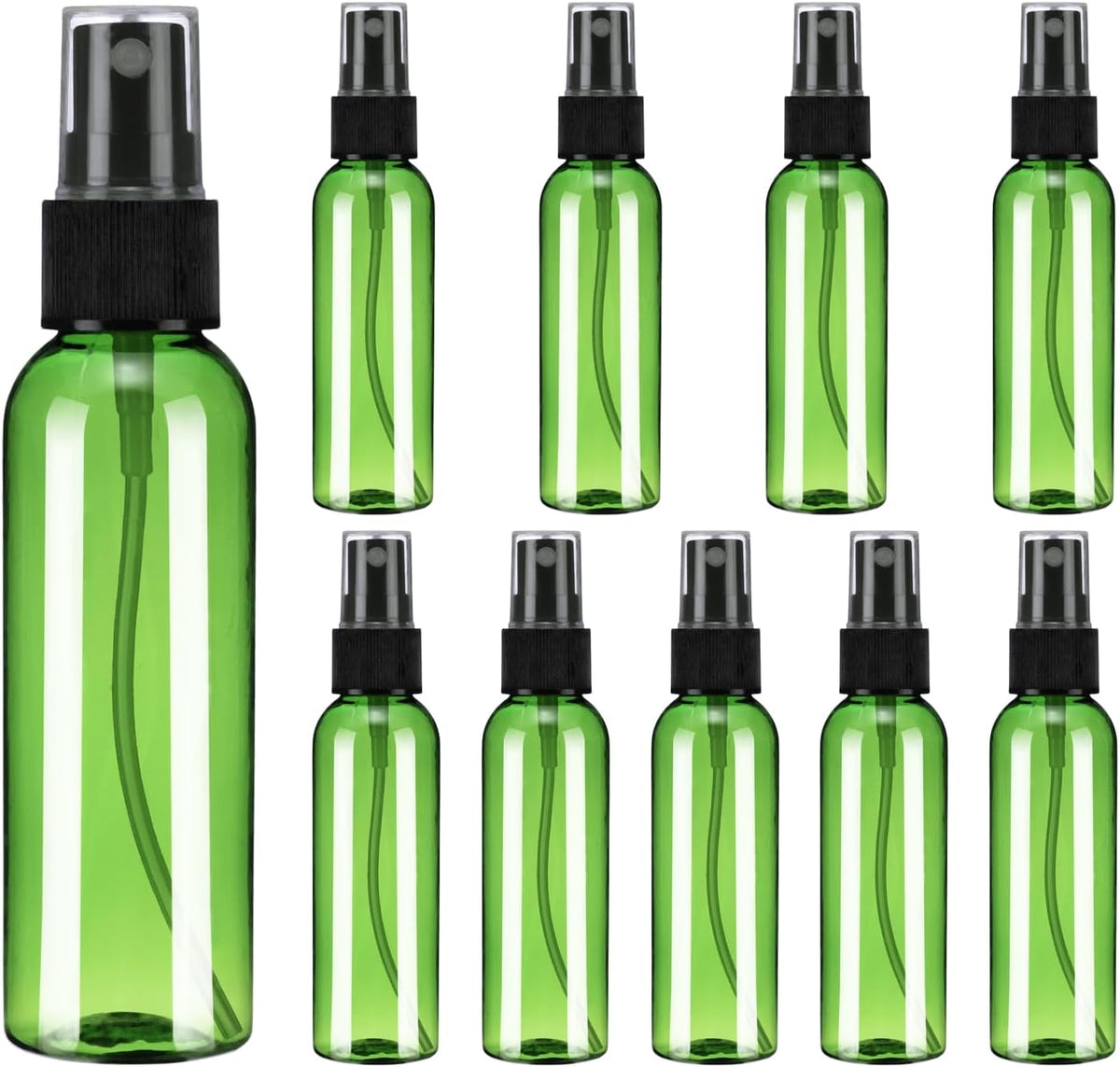 10Pack Spray Bottles, 2 Oz/60ML Reusable Clear Empty Mist Plastic Mini Travel Bottle Set,Small Refillable Liquid Containers for Household Use, Essential Oil, Cleaning (Green Black)