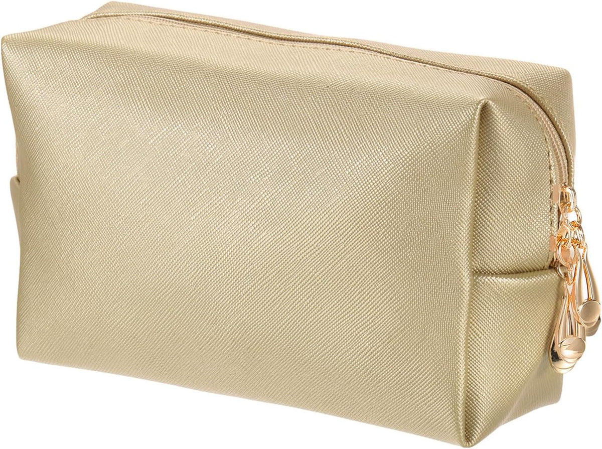 PU Leather Square Makeup Bag, Waterproof Cosmetic Organizer Bag Zipper Pouch Travel Toiletry Bag for Women for Makeup Brush Holder (Bronze Gold, Small)