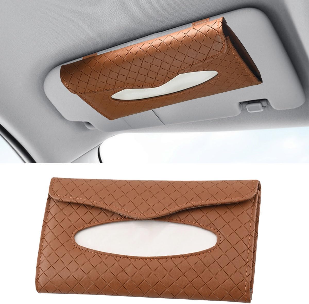 Car Tissue Holder, PU Leather Auto Napkin Holder for Visor & Backseat, Automotive Mask Organizer Case to Keep Vehicle Tidy, Universal Interior Accessories for Sedan Truck SUV (Brown)