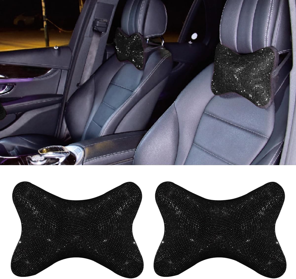 2PCS Car Neck Pillow for Driving Seat, Bling Crystal Rhinestone Diamond Comfortable Headrest Cushion, Head Rest Neck Support Relax, Car Interior Accessories for Women Girly (Black)