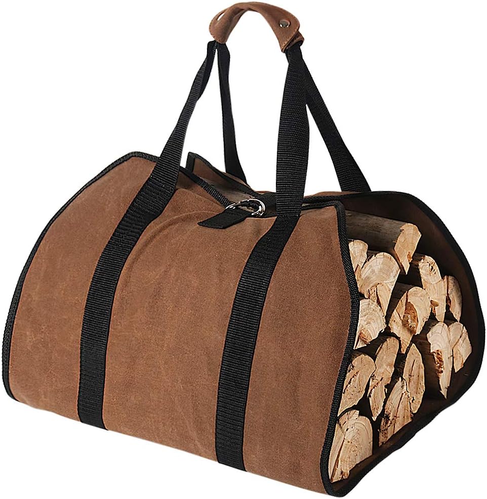 Firewood Carrier, 38in x 18in 16oz Waxed Canvas Log Carrier for Firewood, Wood Carrying Bag with Handles Securing Straps for Indoors Camping Trip, Gifts for Men Dad Husband (Brown)