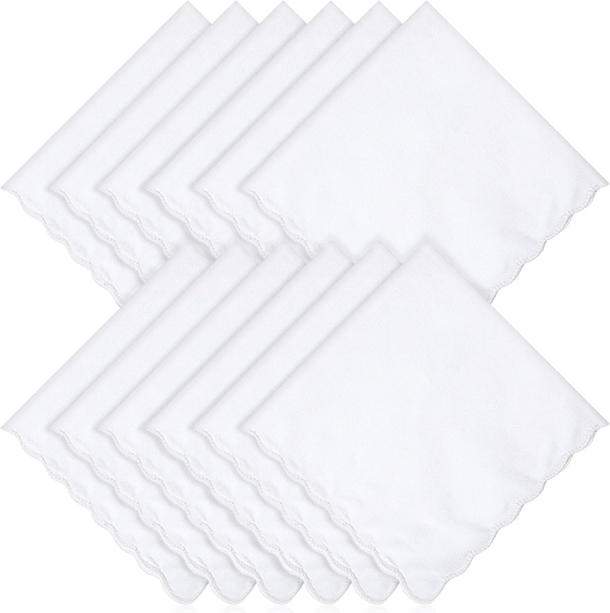 12 Pcs White Handkerchiefs for Women, Premium Polyester Soft Scalloped Edge Ladies Handkerchiefs Hankies, Small Pocket Squares Handkerchief for Wedding Party Gift Embroidery (11 x 11 Inch)