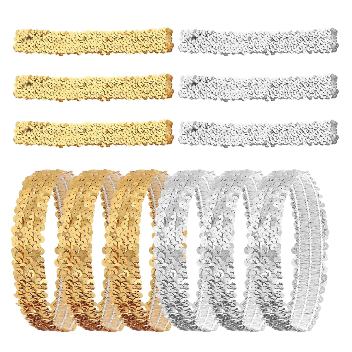 Silver Sequin Headband, 12 PCS 80s 90s Vintage Elastic Sparkle Dance Stretch Head Band Disco Hair Band Stylish Glitter Headpiece Shimmering Party Hair Accessories for Girls Women (Silver, Gold)