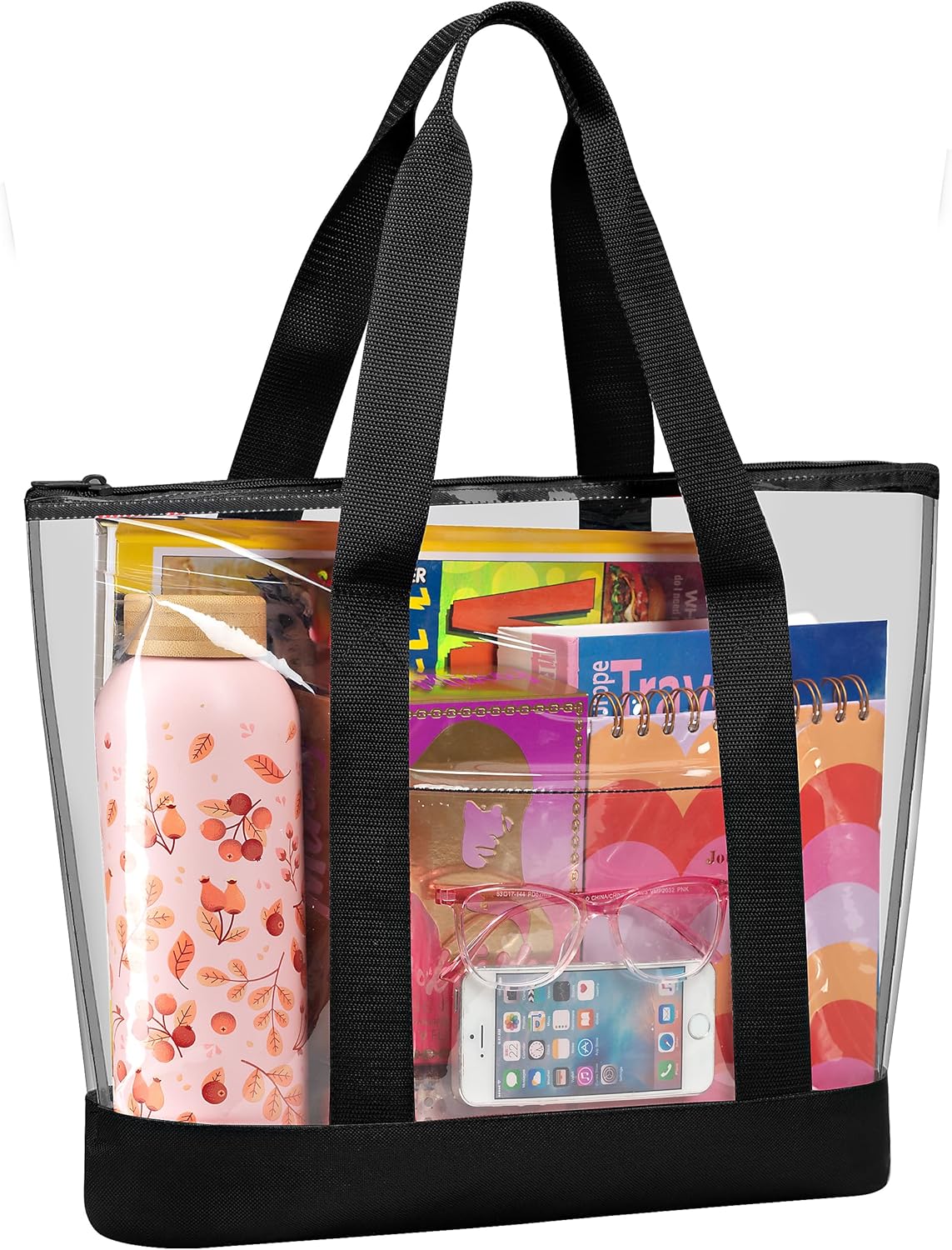 Clear Tote Bag - Zipper Closure, Long Shoulder Strap, Fabric Trimming. | Zipper Closure, Long Shoulder Strap, Fabric Trimming