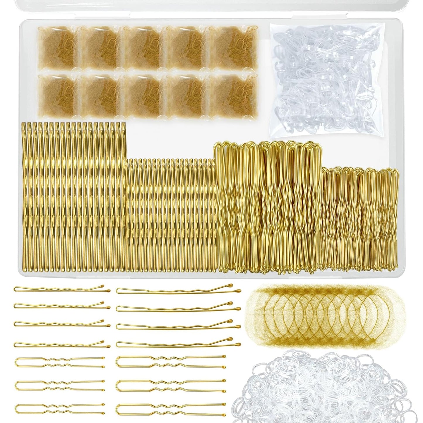 510PCS Blonde Bobby Pins Hair Pins Kit with Hair Net,  Includes 100 Bobby Pins for Women, 100 U Shaped Buns Hair Clips, 300 Hair Bands and 10 Blonde Hair Nets, Dance competition must haves