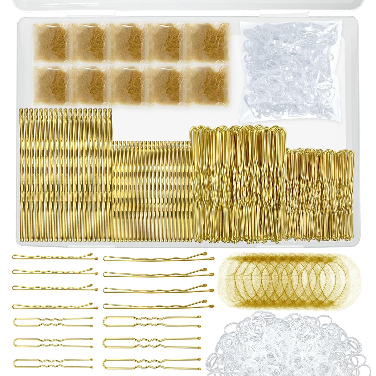 510PCS Blonde Bobby Pins Hair Pins Kit with Hair Net,  Includes 100 Bobby Pins for Women, 100 U Shaped Buns Hair Clips, 300 Hair Bands and 10 Blonde Hair Nets, Dance competition must haves