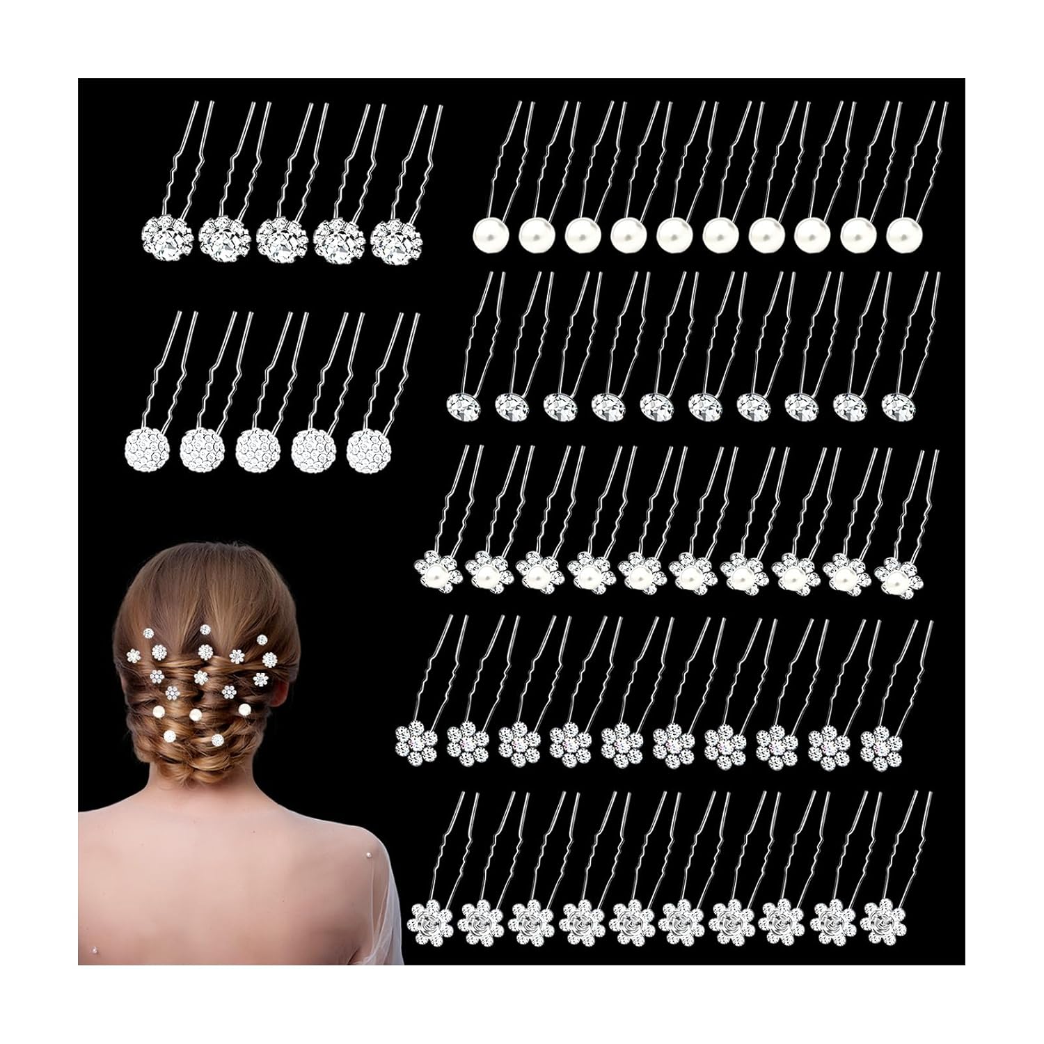 60 Pcs 7 Styles Silver Bridal Wedding Hair Pins,  Flower Hair Clips for Women, U Shaped Crystal Pearl Hair Clips, Suitable for Brides, Bridesmaids, Women's Wedding Hair Accessories