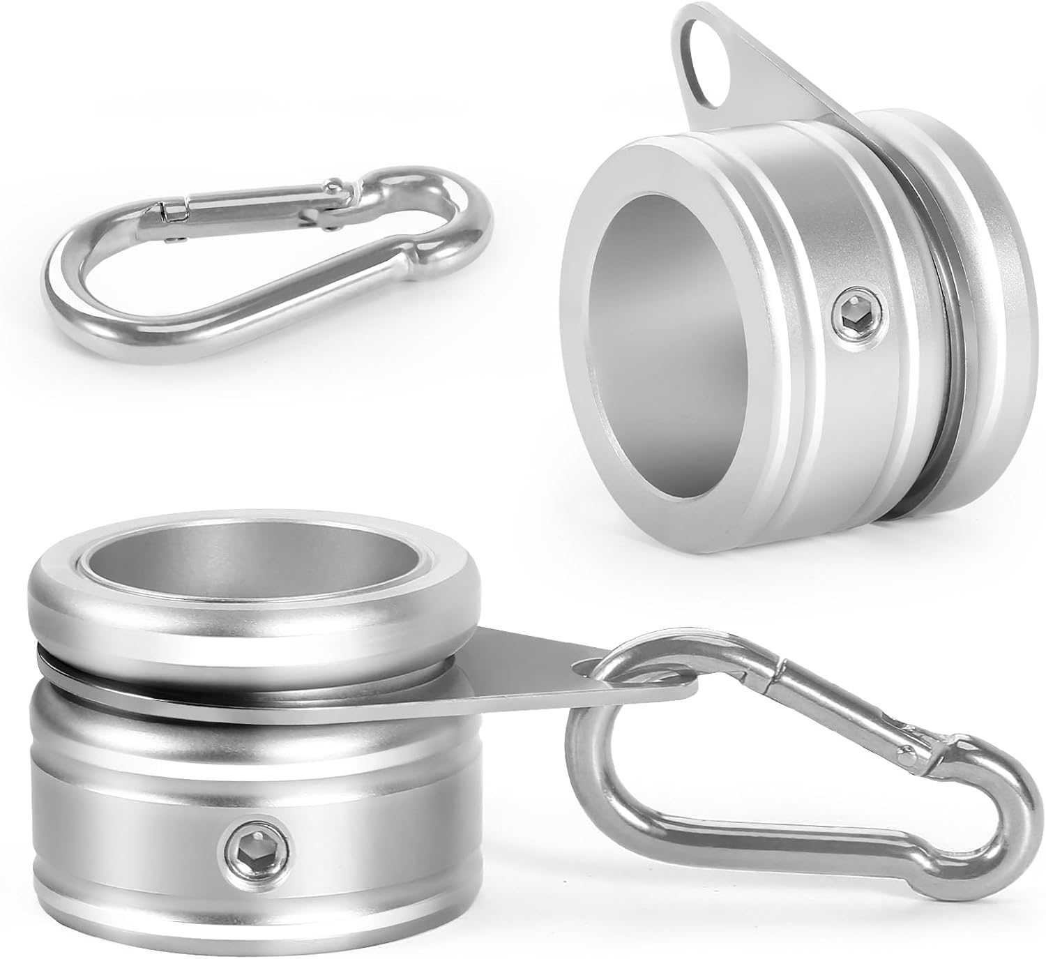 Flag Pole Rings, Aluminum Alloy Flag Pole Clips Swivels 360° Rotating Anti Wrap Mounting Ring with Carabiner, Flag Pole Kit Parts (Φ:1 Inch -Pack of 2(Silver))