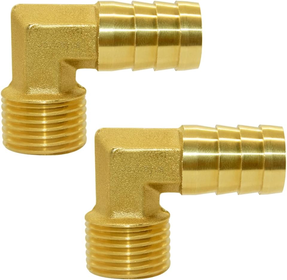 Brass Hose Fitting, 90 Degree Elbow, 1/2" Barb x 3/8" NPT Male Pipe Water/Fuel/Air (Pack of 2)