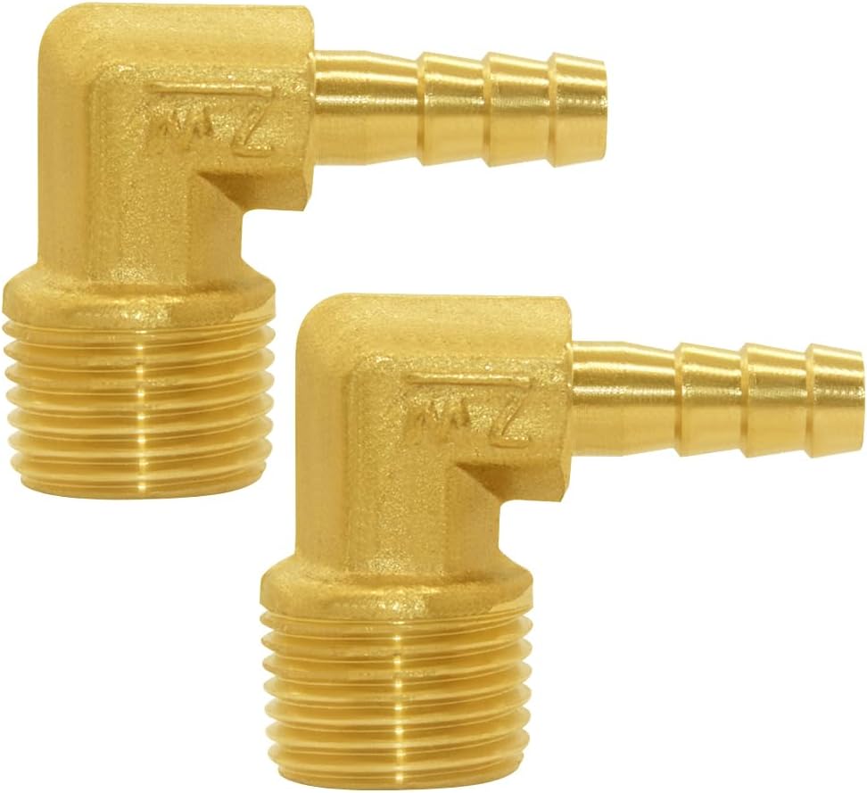 Brass Hose Fitting,90 Degree Elbow,1/4" Barb x 3/8" NPT Male Pipe Water/Fuel/Air (Pack of 2)