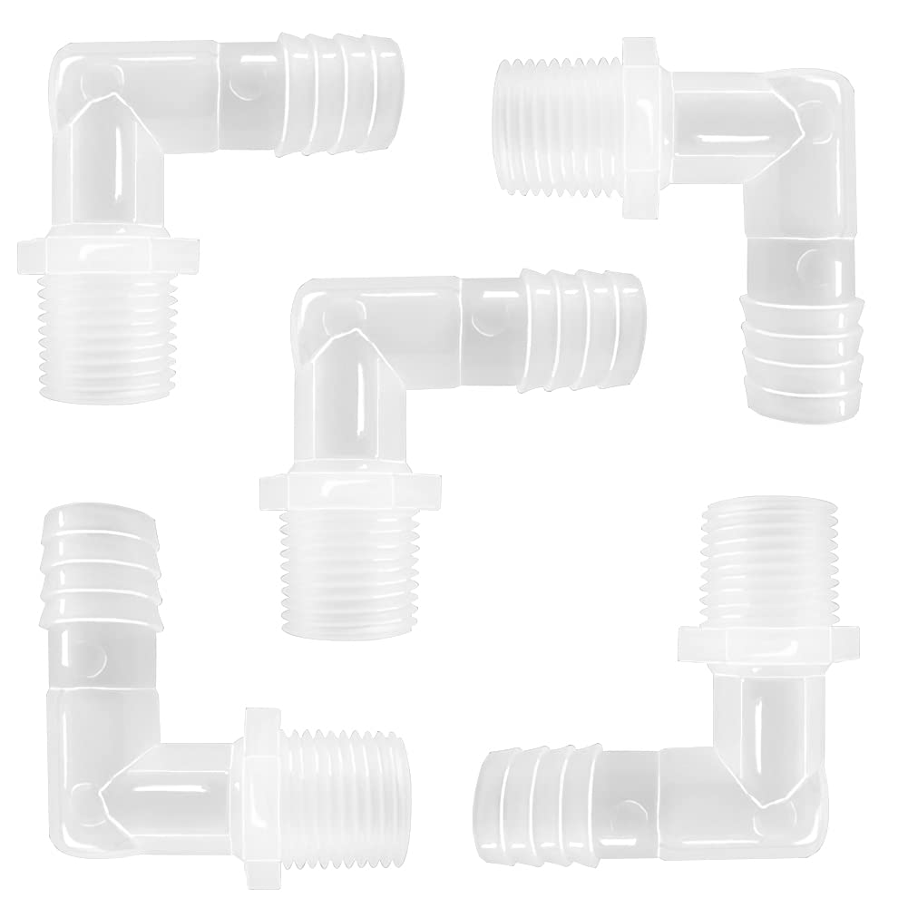 Plastic Hose Barb Fittings 90°Elbow 3/8" Hose Barb x 1/2" Male NPT Barbed Adapter Pipe Connectors Joint Splicer Mender Adapter Union (Pack of 5)