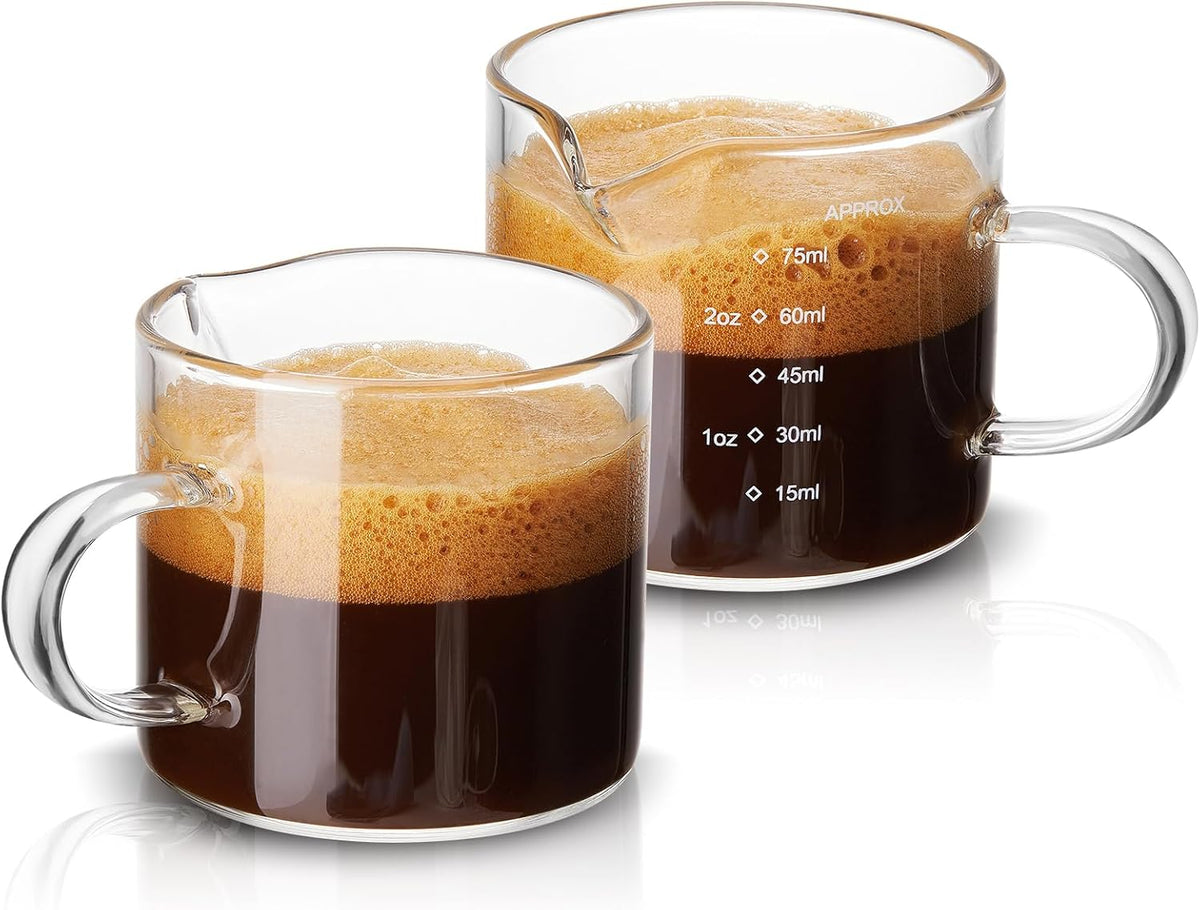 2 Pack Measuring Cups, 75ML Espresso Cups with Handle, Espresso Shot Glasses with V-Shaped Mouth, Clear Accessories, Milk Frothing Pitcher | with Handle, with V-Shaped Mouth, Accessories