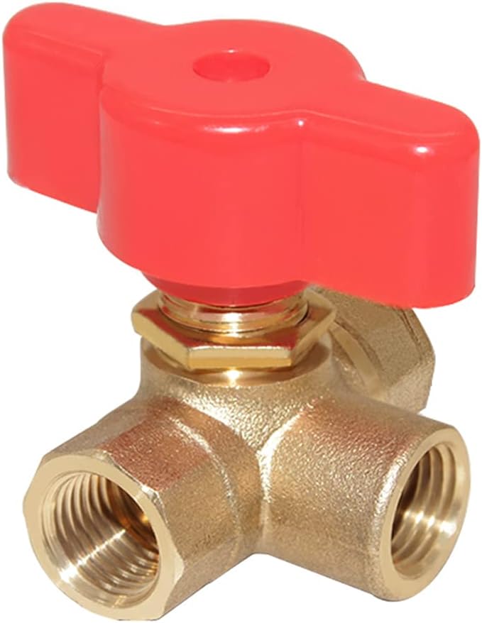 3-Way (L-Port) 1/4"NPT Female Brass Ball Valve Anti-Rust Forged Brass Shut Off Valve Fitting with Red Plastic Handle