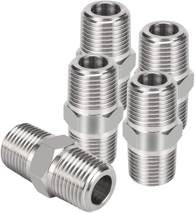 Hex Nipple 1/8"NPT Male x 1/8"NPT Male Threaded Stainless Steel 304 Threaded Nipple Pipe Fittings for Brew Kit Home Piping (Pack of 5)