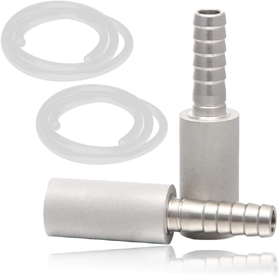 Aeration Stone 0.5 Micron Stainless Steel Oxygenation Diffusion Stone 1/4" Barb for Home brewing Wine Beer Soda + 20 Inch Silicone Hose (Pack of 2)