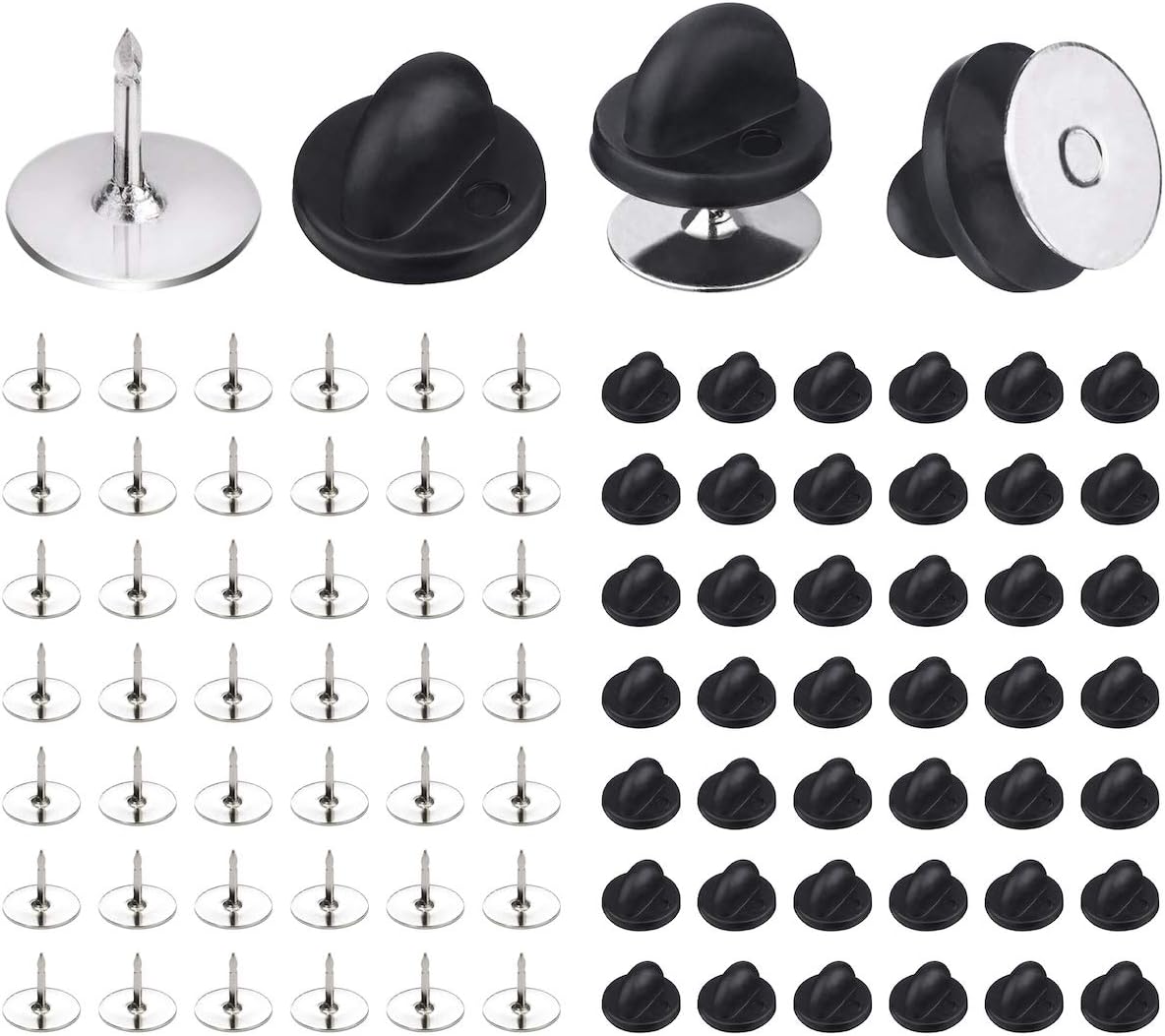 50 Pairs Pin Backings Tie Tacks Blank Pins with Rubber Backings Pinbacks for Crafts (Silver Black, 50 Sets)
