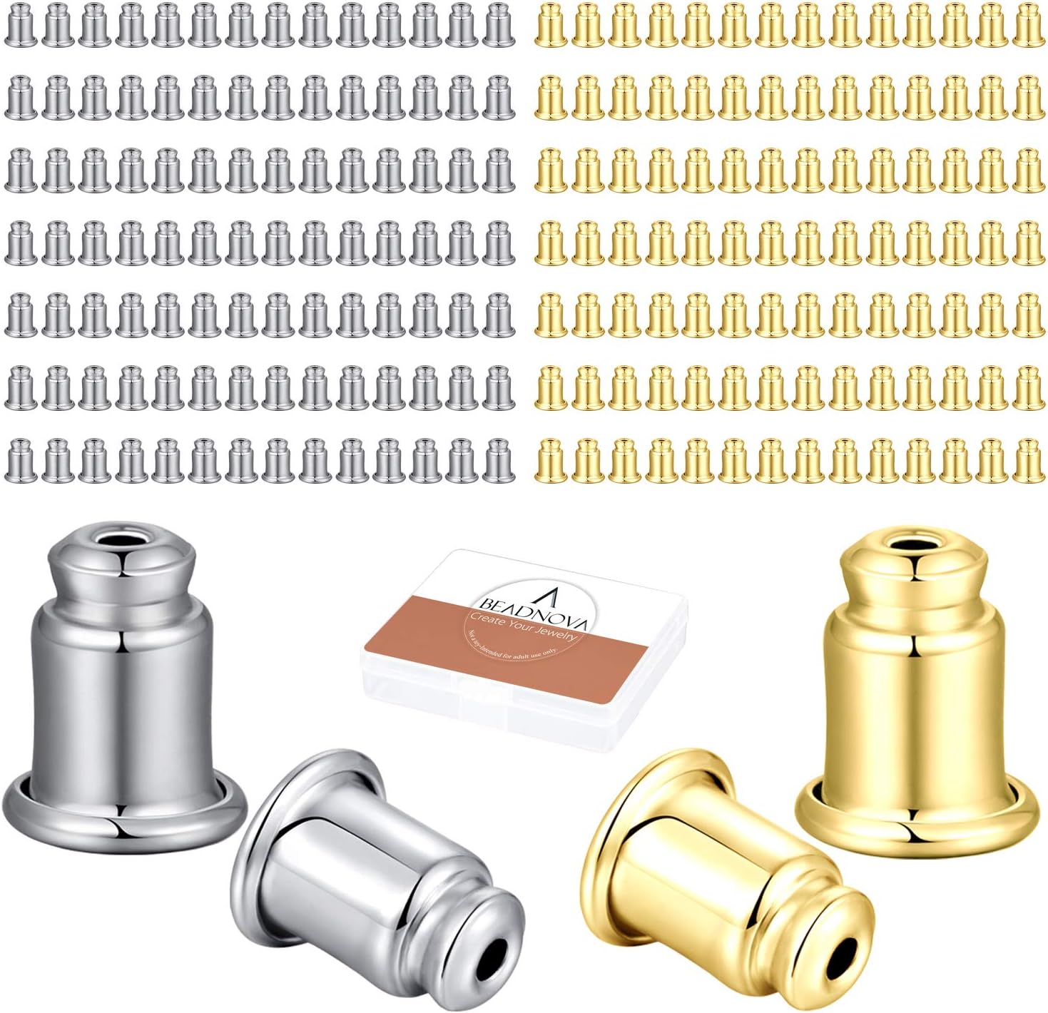 Safety Backs for Earrings Secure Earring Backs Replacements Hypoallergenic Pierced Ear Stud Stoppers for Studs Lock Earstud Backings for Posts (200pcs, Silver and Gold)