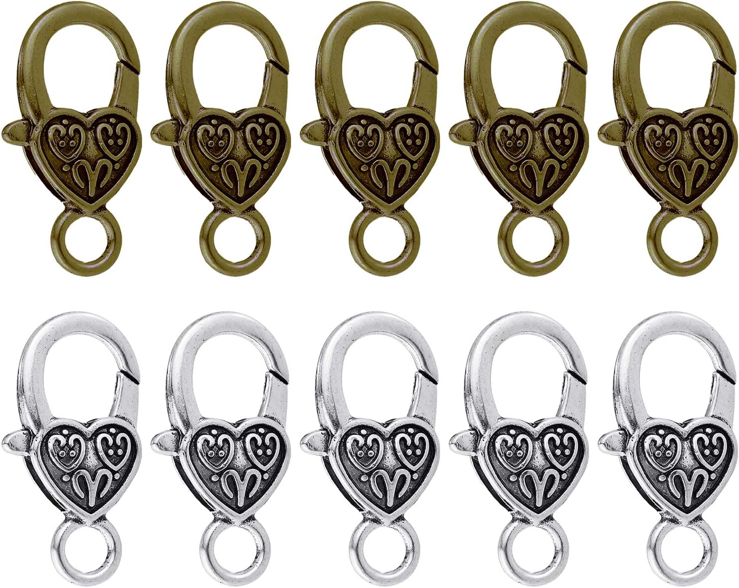 Heart Lobster Clasps 20 Pieces Large Tibetan Antique Heart Lobster Claw Clasps for Jewelry Making Findings Crafts (10pcs Silver, 10pcs Bronze)