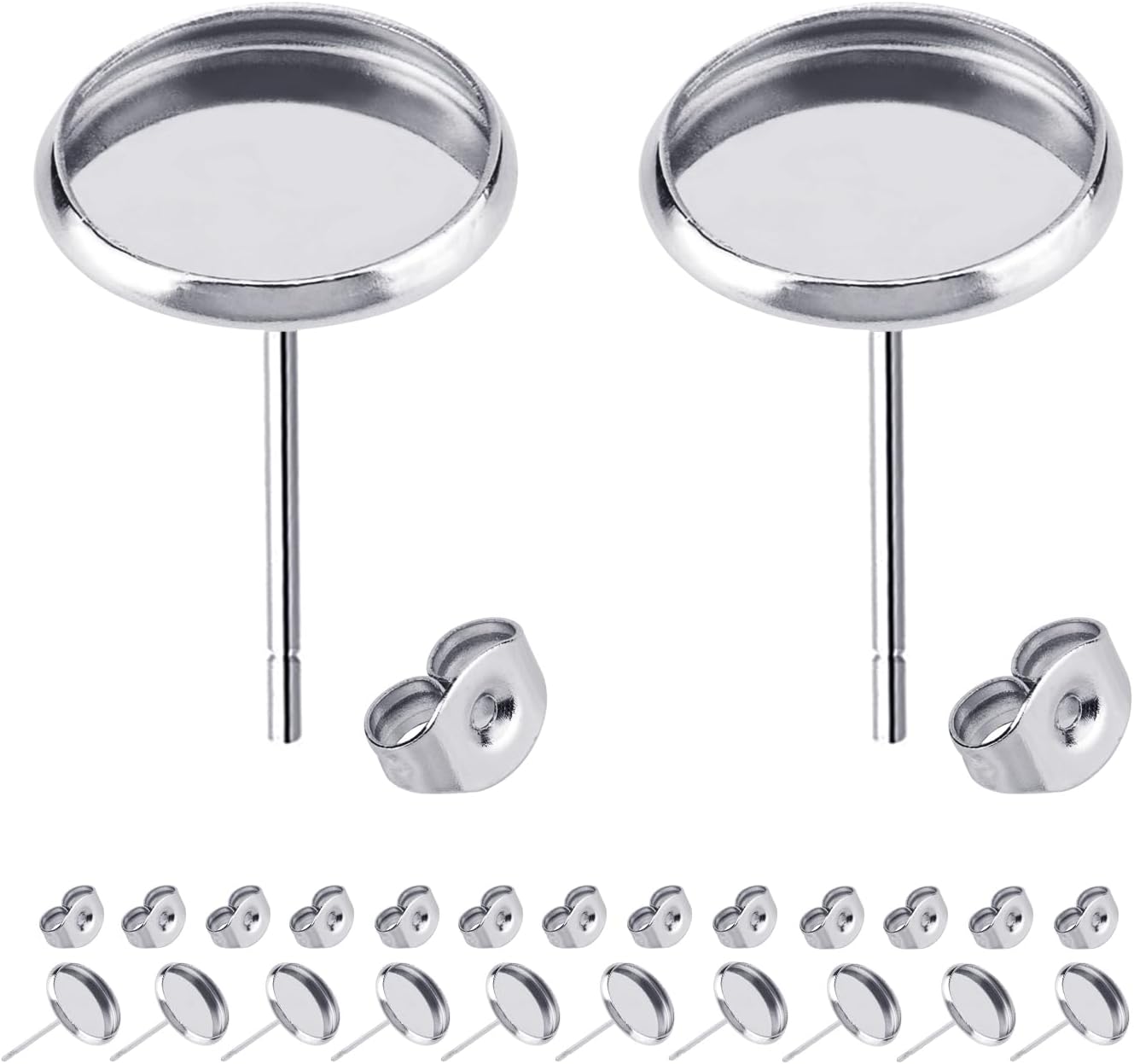 60pcs Blank Earring Studs 12mm Stainless Steel Cabochon Setting Post With Backs for Resin DIY Earstud Making