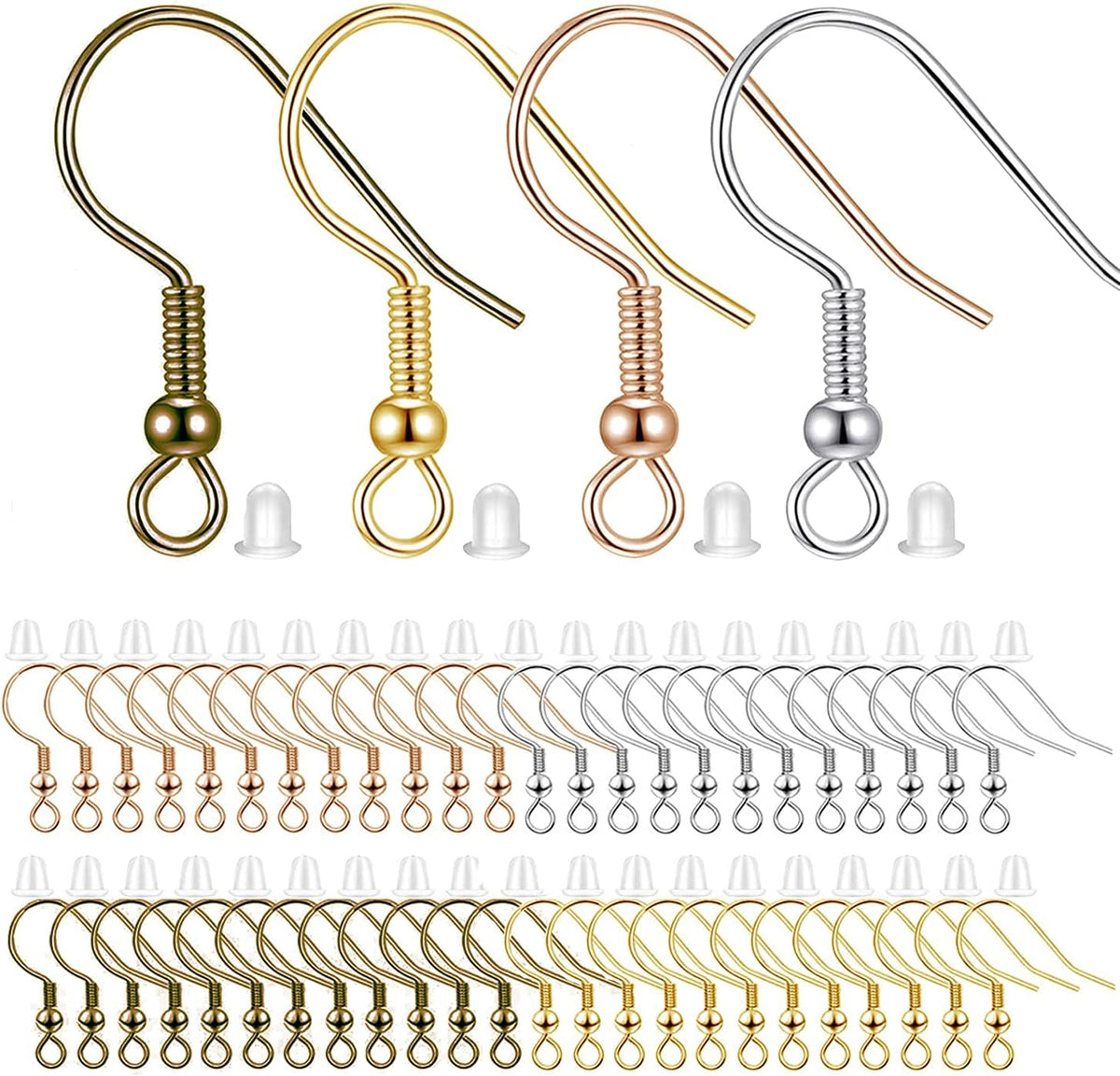 Earring Hooks 200pcs Earring Findings Kits with Backs Fish Hook Ear Wire for Jewelry Making DIY Ear Post Supplies (200pcs Earwires Mix Colors and 200 pcs Backs)