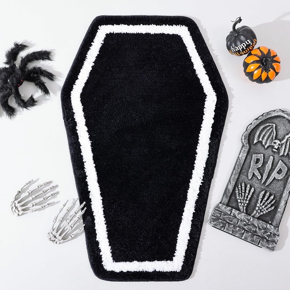 Halloween Decor Black Coffin Bath Mat for Bathroom, Cute Gothic Halloween Decoration Black Bathroom Rug Non Slip Cartoon Bath Rug Bathroom Mat Plush Shower Rugs Washable Black White