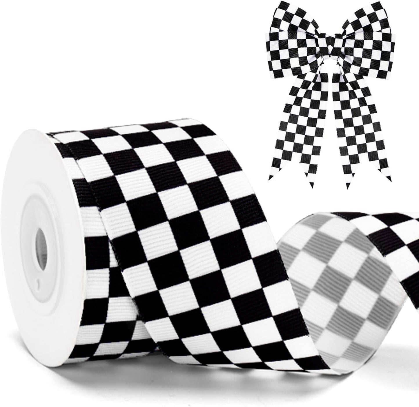 Black and White Checkered Ribbon - Racing Car Theme Black Grosgrain Buffalo Plaid Ribbon for Gift Wrapping, 1.5 in x 10 Yds White Gingham Ribbons for Crafts, Wreath, and Racing Cakes Decor
