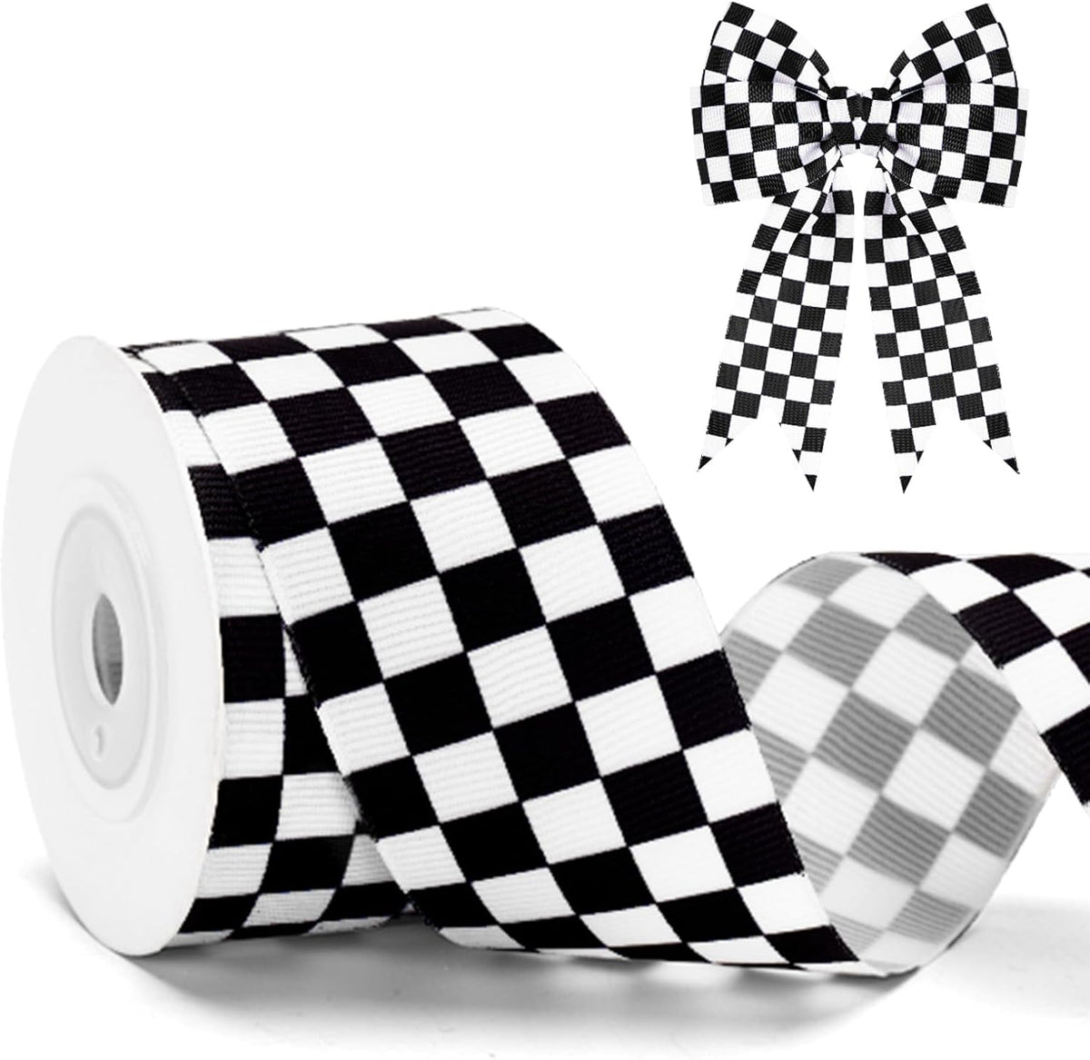 Black and White Checkered Ribbon - Racing Car Theme Black Grosgrain Buffalo Plaid Ribbon for Gift Wrapping, 1.5 in x 10 Yds White Gingham Ribbons for Crafts, Wreath, and Racing Cakes Decor