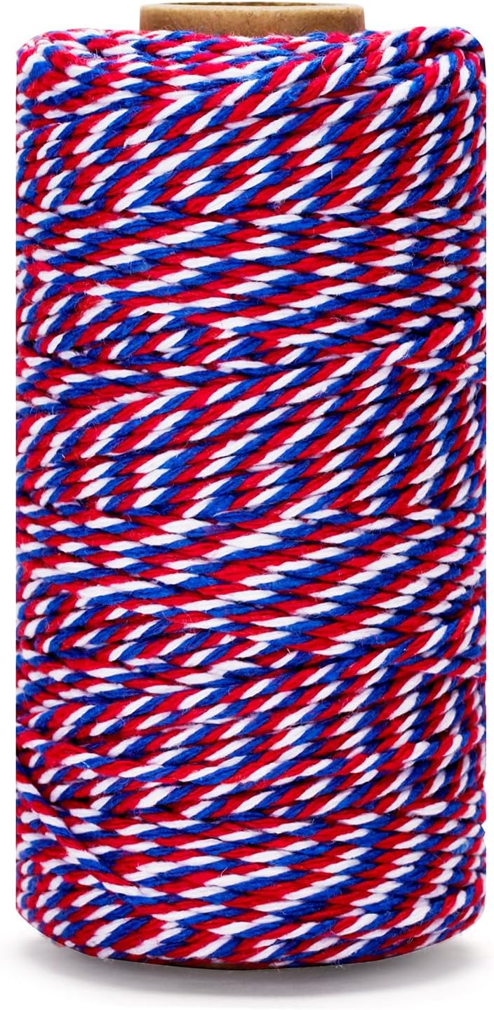 Cotton Twine Red White and Blue Twine String 2mm Thick 328 Feet Bakers Cotton String for Patriotic Day Gift Wrapping DIY Crafts and Floral Bouquet