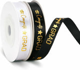 2 Rolls 2026 Graduation Ribbon - 3/8'' x 20 Yards Congrats Grad Gold Satin Ribbon for Gift Wrapping Class of 2026 Graduation Party Decorations DIY Crafts Black and White with Gold Printing