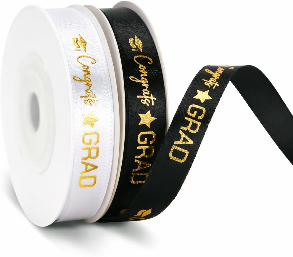 2 Rolls 2026 Graduation Ribbon - 3/8'' x 20 Yards Congrats Grad Gold Satin Ribbon for Gift Wrapping Class of 2026 Graduation Party Decorations DIY Crafts Black and White with Gold Printing