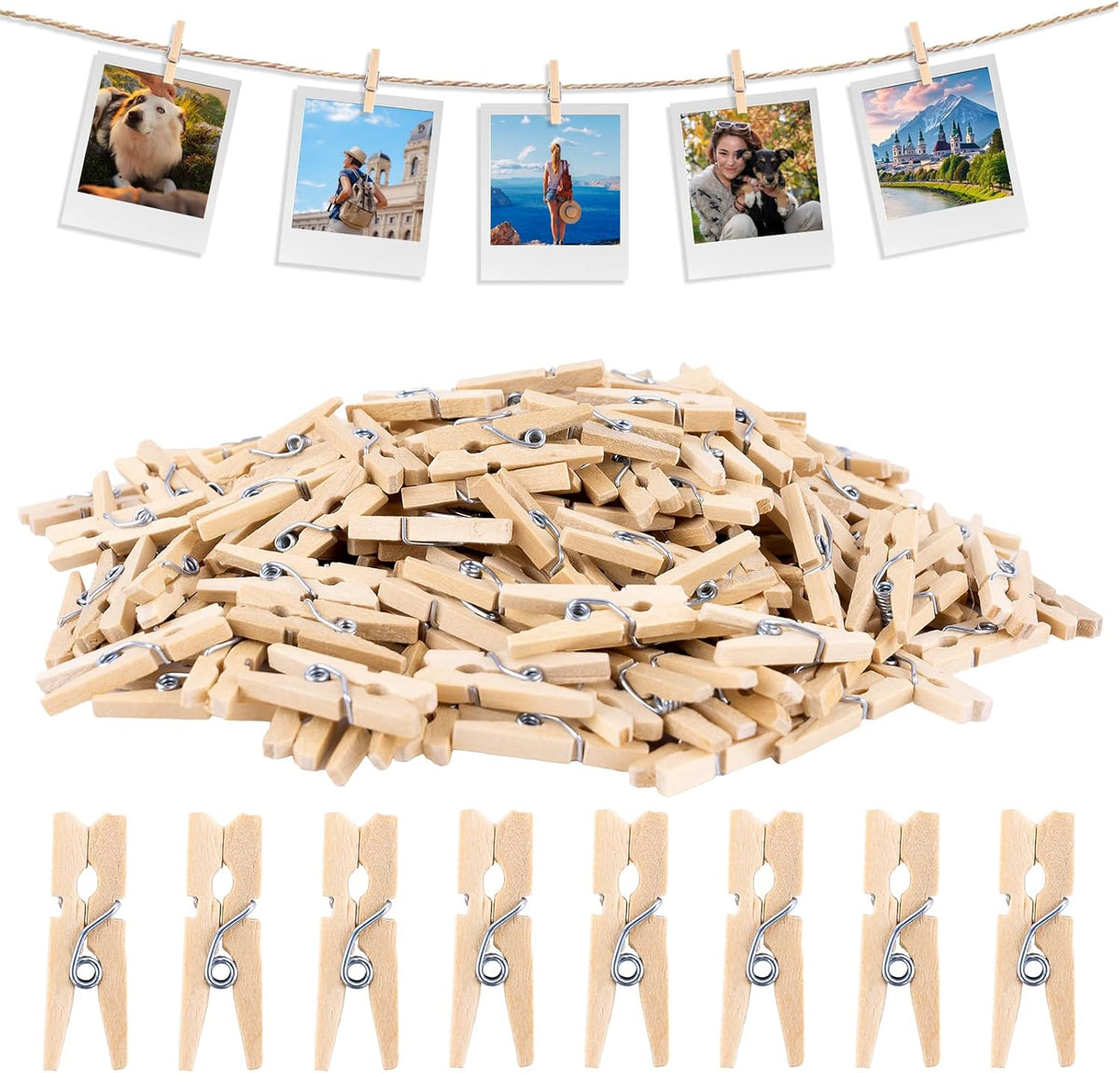 Mini Clothespins for Photo - 200 Pcs 1 Inch Small Natural Wooden Clothes Pins for Crafts with 33 FT Jute Twine Mini Photo Clips for Photos Display Cocktail Decoration