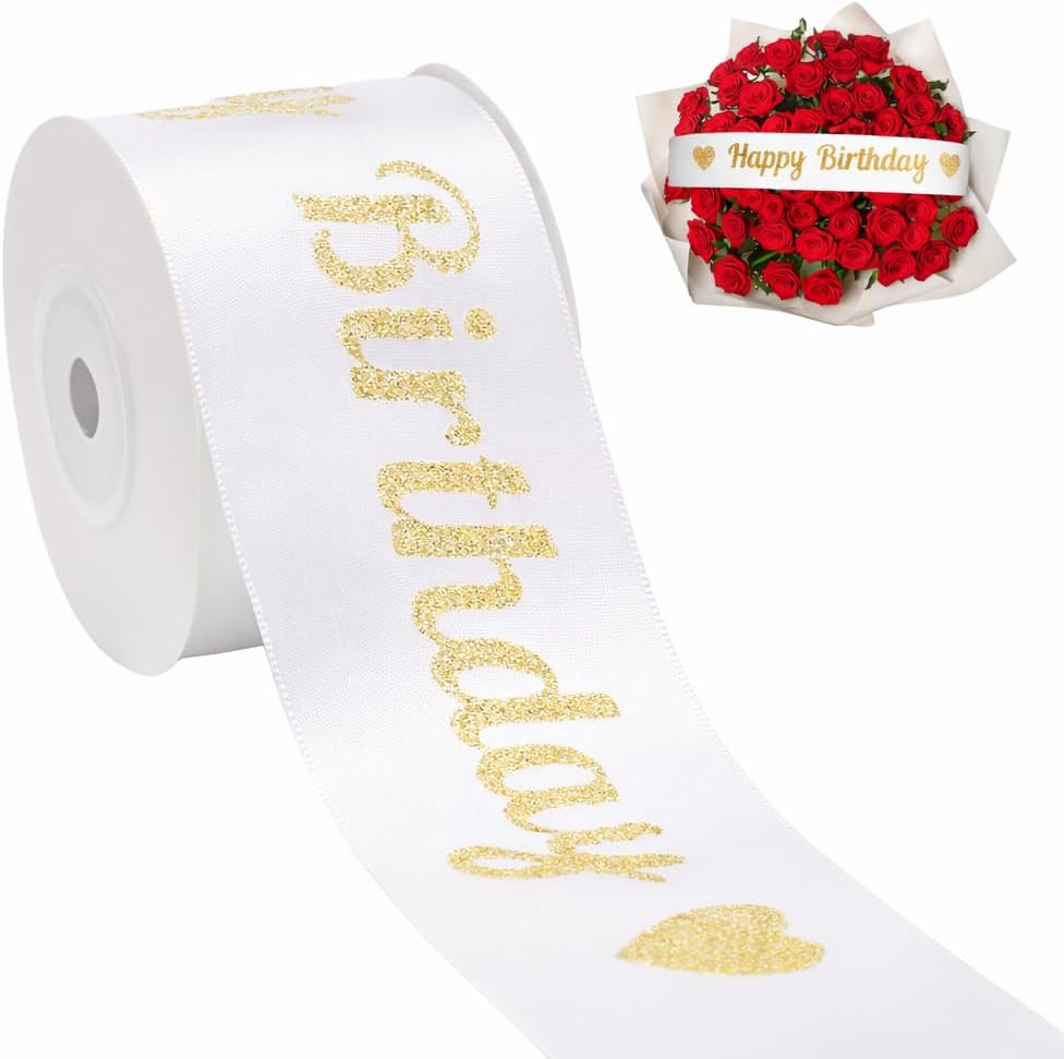 White Glitter Happy Birthday Ribbon - 2'' x 10 Yards Happy Birthday Satin Ribbon with Gold Print for Flower Banner Bouquet Gift Wrapping DIY Crafts Bows Making Cake Party Decoration