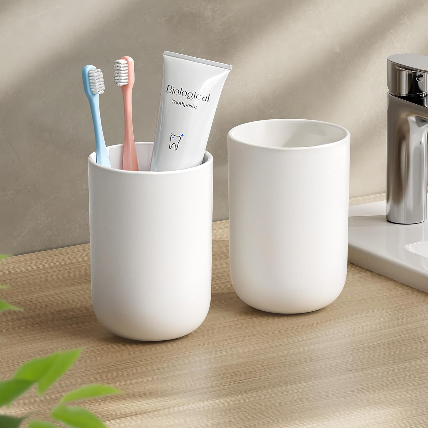 Toothbrush Cup 13oz 380ml, Unbreakable Reusable Bathroom Tumbler 2Pcs, Non-Slip Plastic Bathroom Cup Toothbrush Holders for Bathroom White