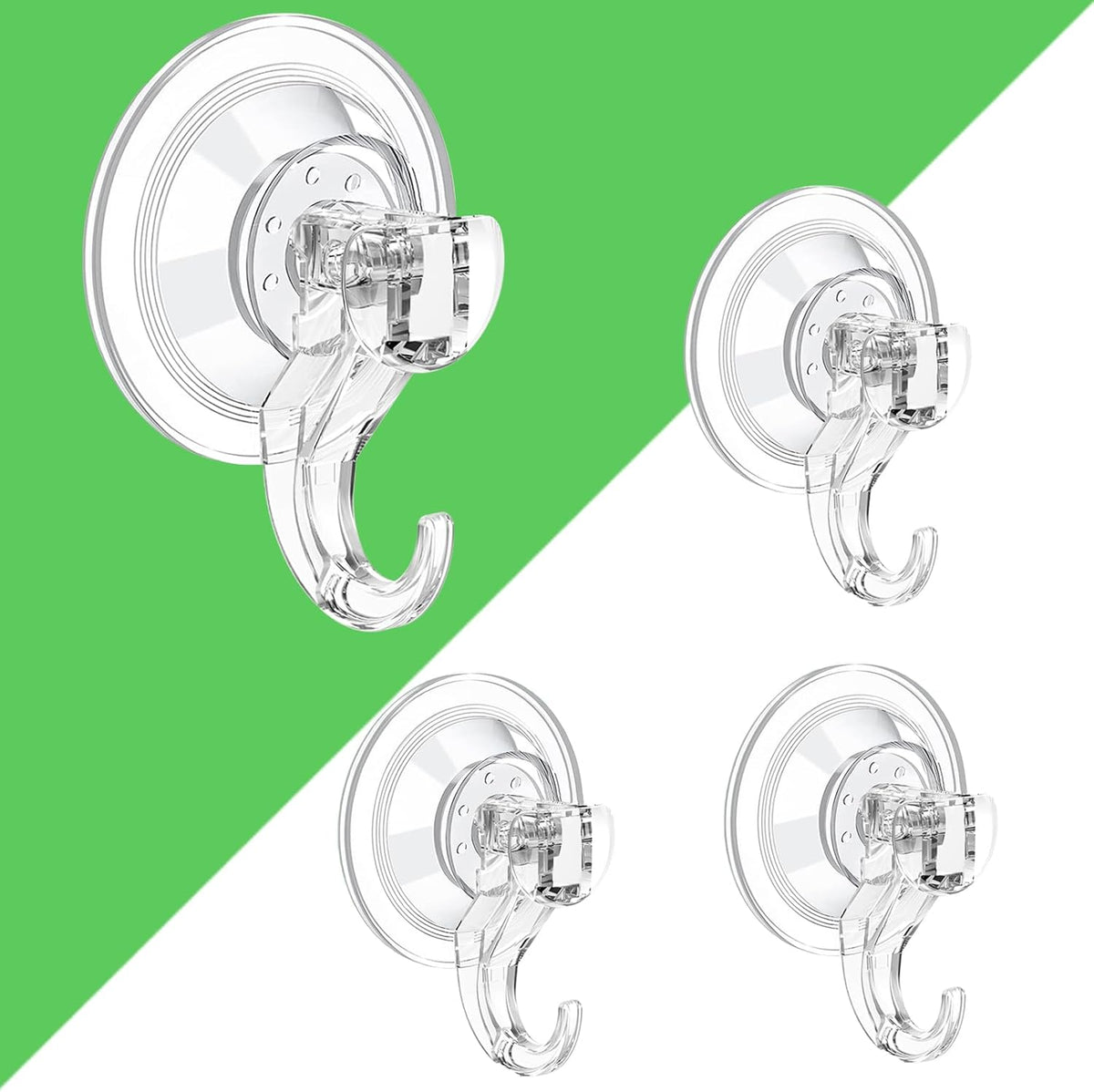 Suction Cup Hooks - 4 Pack Suction Hooks Reusable Powerful Waterproof - Clear Removable Suction Hanger for Christmas Wreath, Shower,Tile,Bathroom,Towel,Kitchen