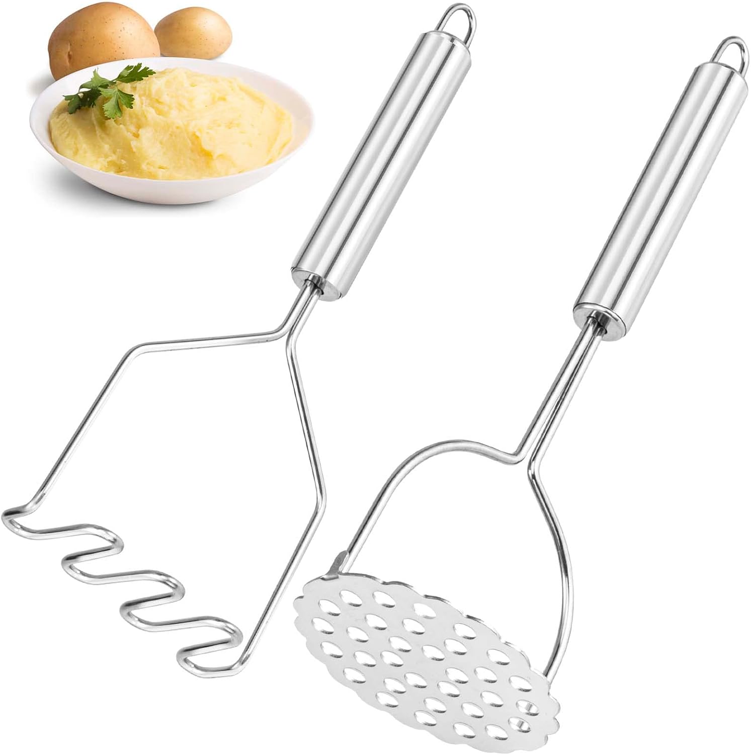 2 Pcs Potato Smasher, Mashed Potato Masher, Stainless Steel Masher Kitchen Tool for Bean, Fruit, Vegetables, Food