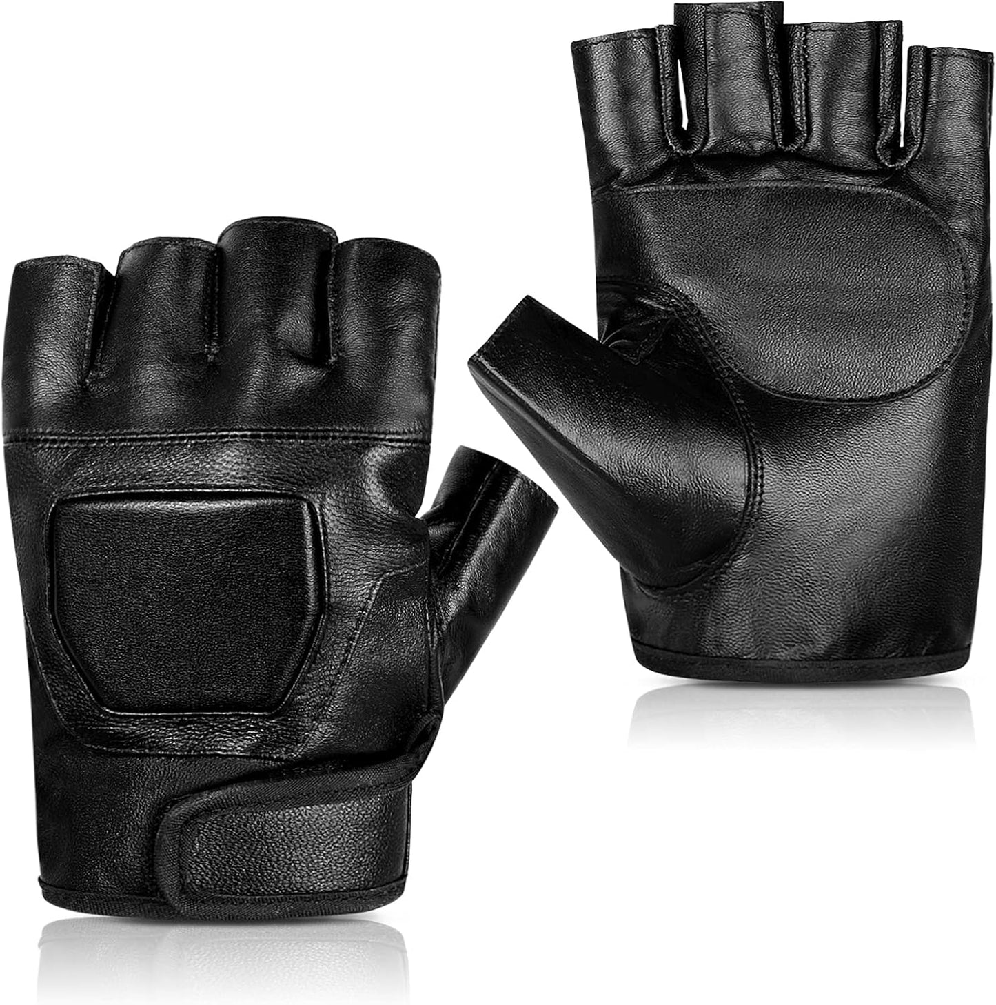 Genuine Leather Cycling Fingerless Gloves, Outdoor Driving Motorcycle Sport Half Finger Glove for Men Women Teens