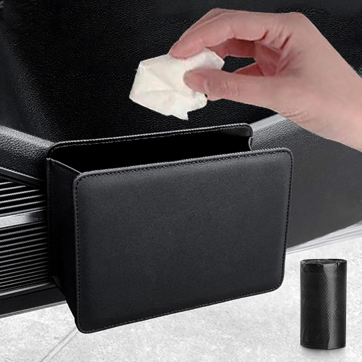 Car Trash Can, Leather Vehicle Trash Bin Car Dustbin Garbage Organizer Holder with 30 Pcs Trash Bags, Foldable Hanging Mini Cars Storage Bag Container for Auto, SUV (Black)