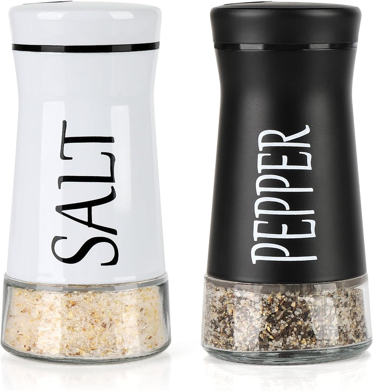 Salt and Pepper Shakers with Adjustable Pour Hole, Stainless Steel Salt Pepper Shaker Dispenser with Glass Bottom for Kitchen Cooking, RV, Camp, BBQ