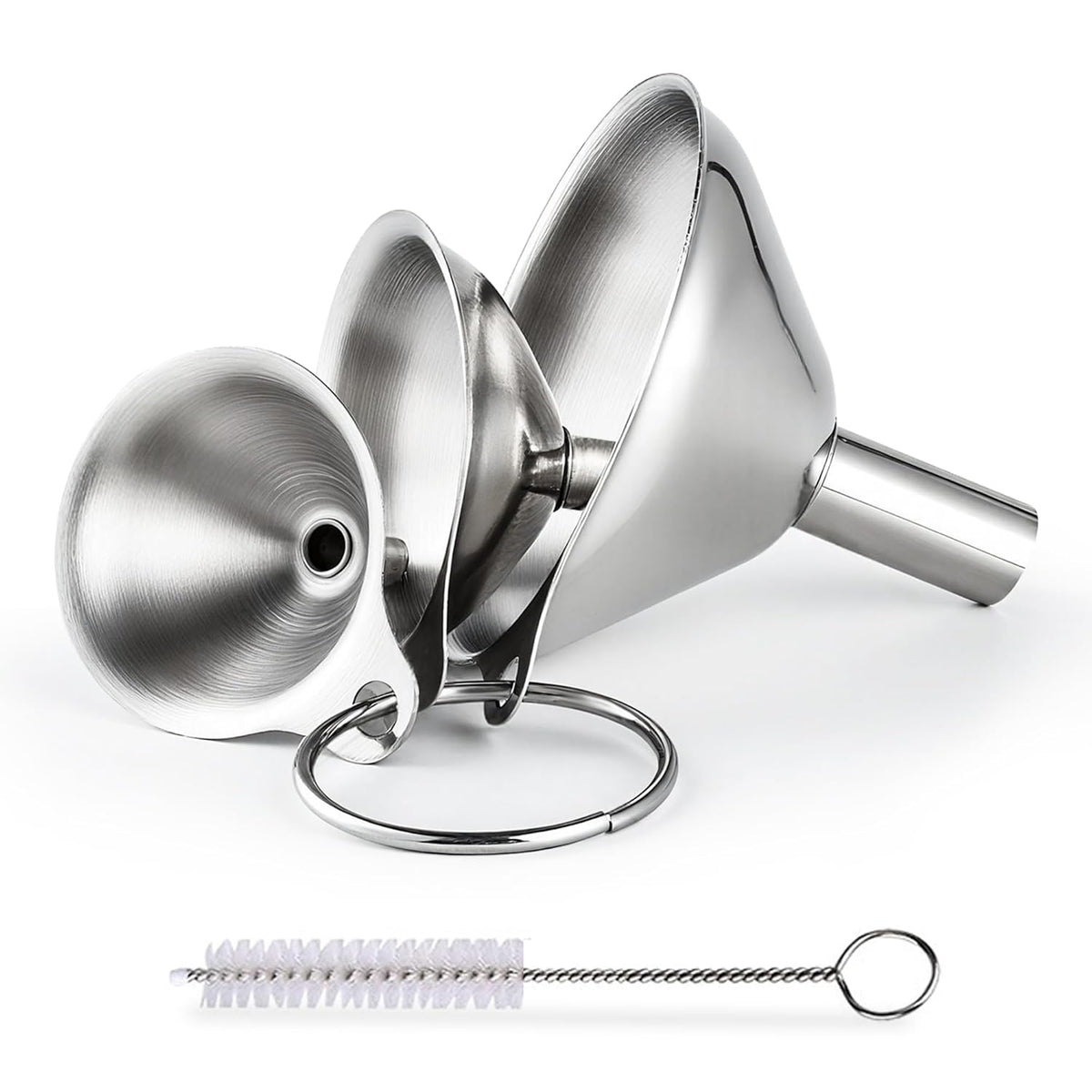Kitchen Funnel, Stainless Steel Mini Funnel, Set of 3, Perfect for Transferring Liquids, Oils, Powders, Spices, with Round Ring and Cleaning Brush