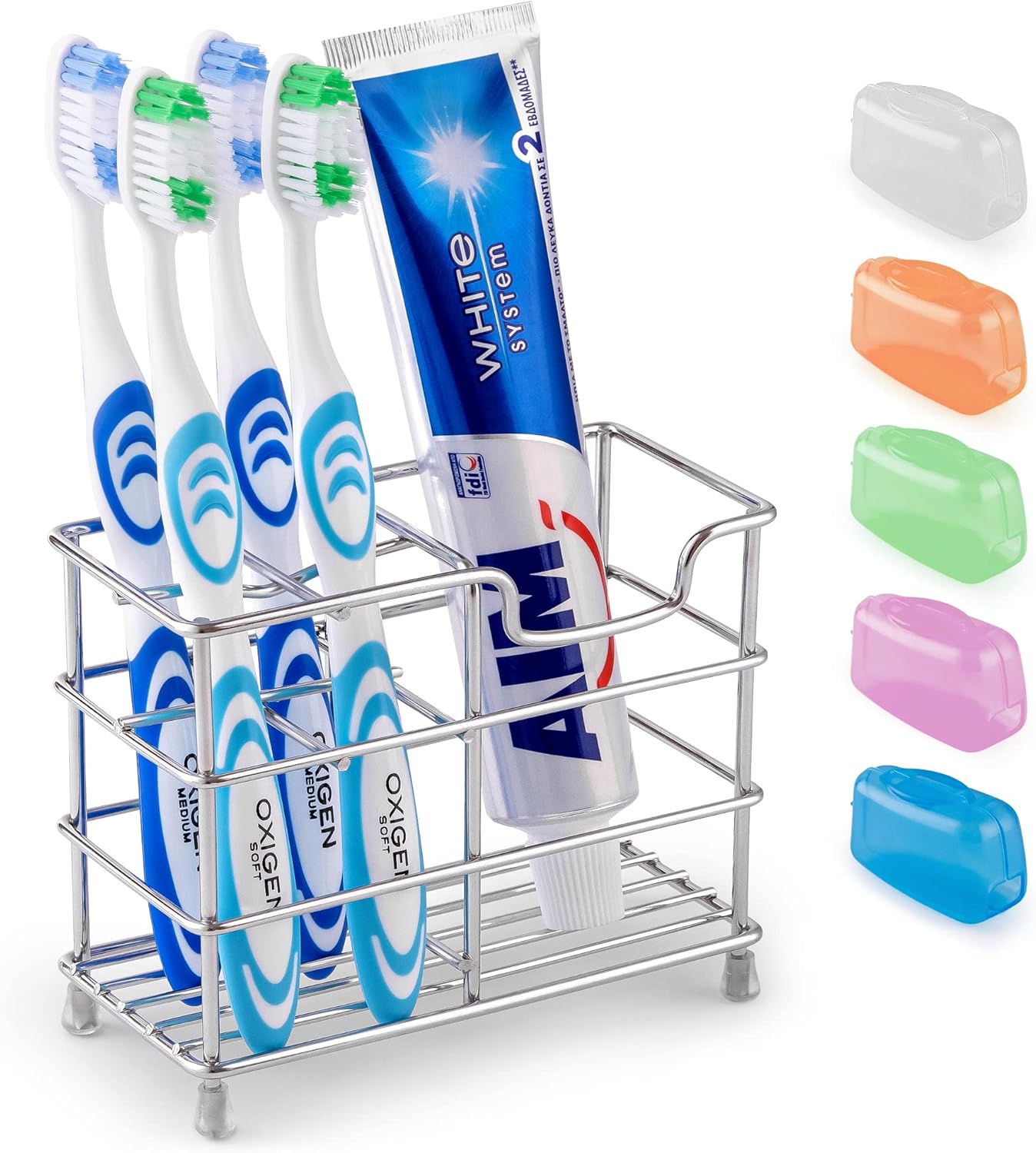 Toothpaste and Toothbrush Holder - Stainless Steel Toothbrush Holders for Bathrooms - Small Toothbrush Stand Organizer with 5 Colorful Toothbrush Cases Included