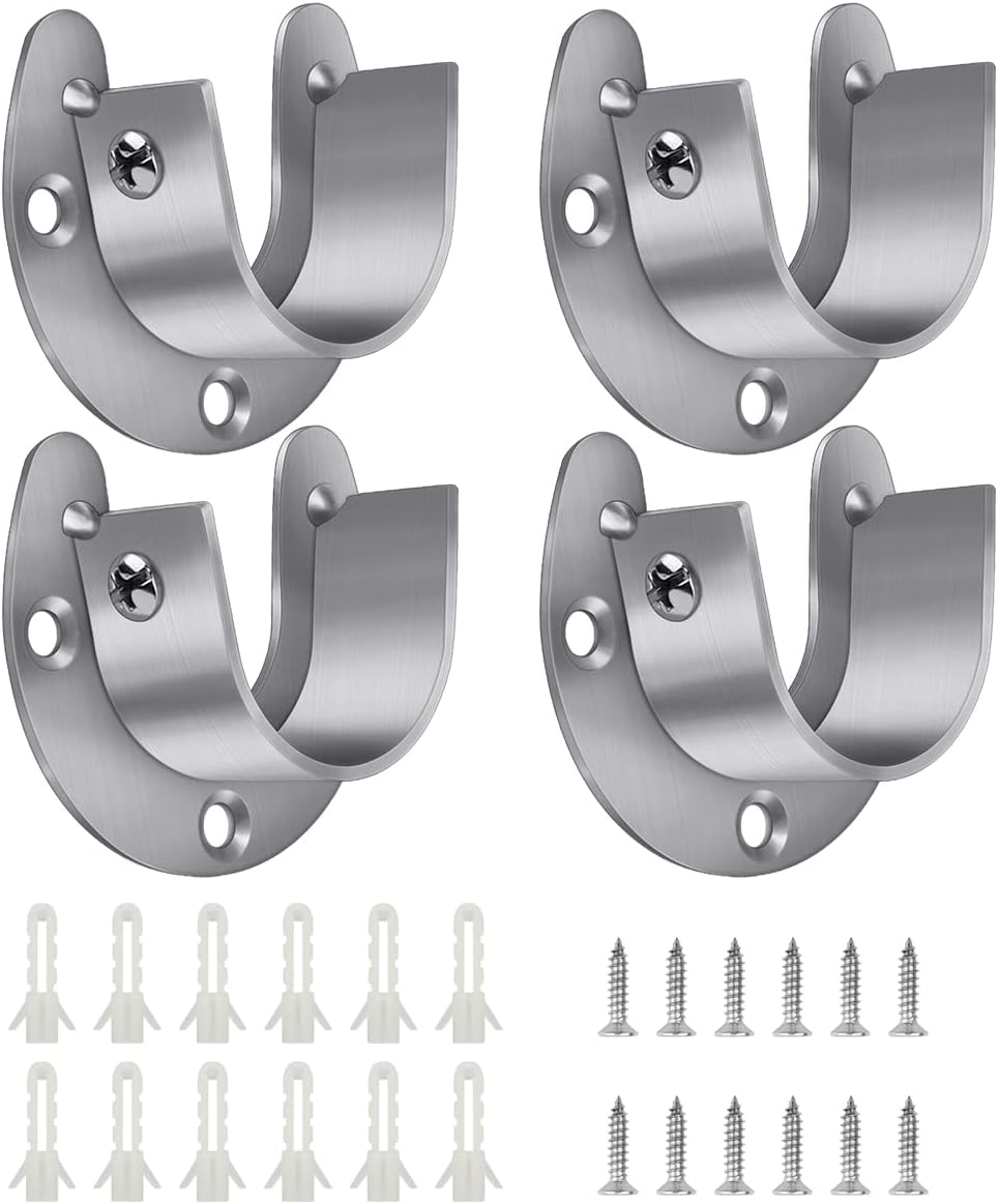 4 Packs Stainless Steel Wardrobe Bracket U-Shaped Rod Socket Flange 1-1/4" Diameter Heavy Duty Closet Rod Brackets End Supports for Closet Rod with Screws (Silver)