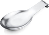 Silver stainless steel spoon rest with a wide base and raised edge.