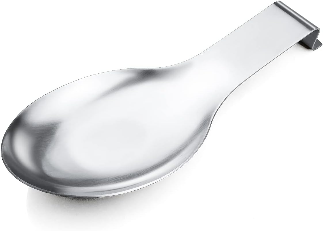 Silver stainless steel spoon rest with a wide base and raised edge.