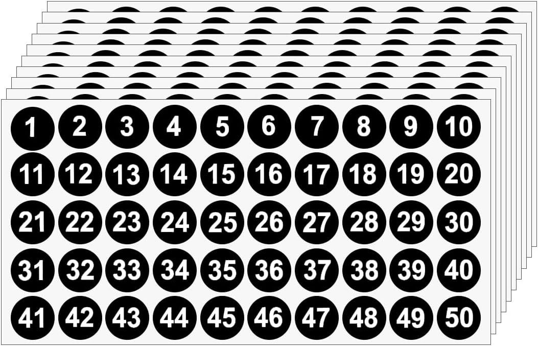 20 Sheets 1 to 50 Vinyl Small Round Labels Consecutive Number Stickers Waterproof Adhesive Inventory Stickers for Storage Box, Indoor Outdoor, Office & School Supplies