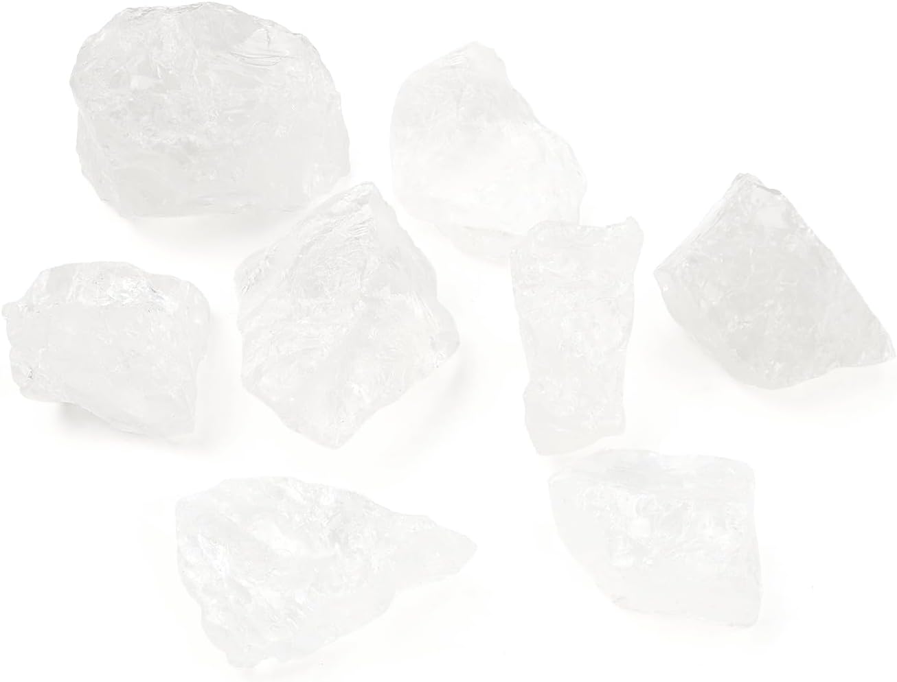 Natural clear quartz rough stones of varying sizes.
