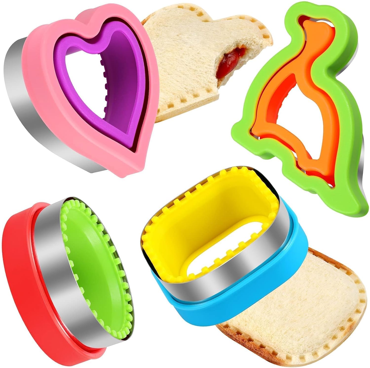 Sandwich Cutter and Sealer Set 4 Pcs Bread Decruster Sandwich Cutter Pancake Maker Heart Square Circle Dinosaur Shape DIY Cookie Cutters Gift for Kids Adult Boys Girls