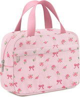 Small Makeup Bag for Purse Cute Corduroy Cosmetic Pouch with Zipper Travel Toiletry Bag for Women(Flower bow pink)